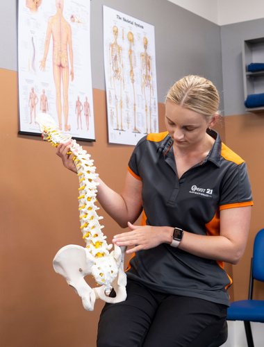 Physiotherapist holding model of a spine