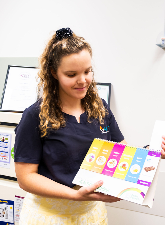 Dietitian holding up a healthy lunchbox guide