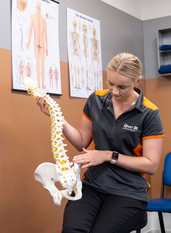Physiotherapist points to model of spine