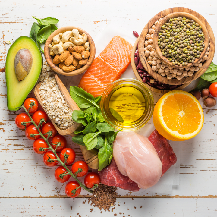 healthy food arranged in the shape of a heart