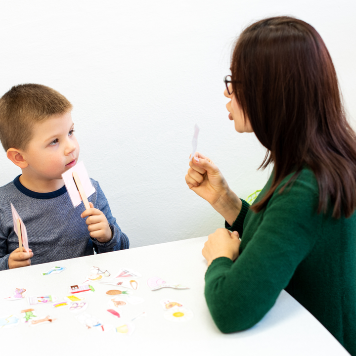 Speech pathologist uses flash cards while working with child