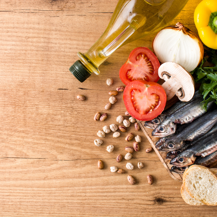 Mediterranean foods layed out on a table