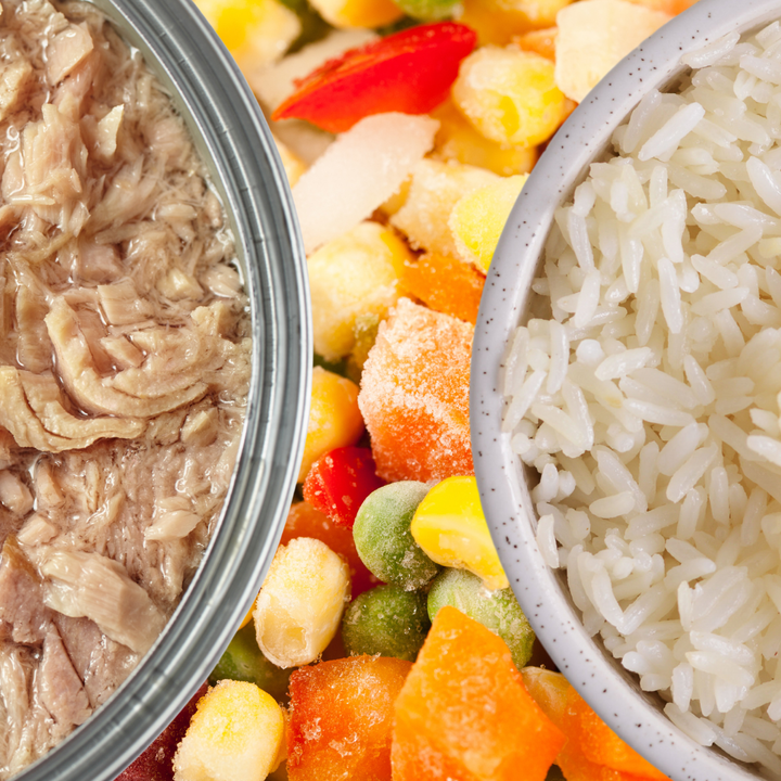 Frozen Vegetables with a bowl of rice and an open tin of tuna