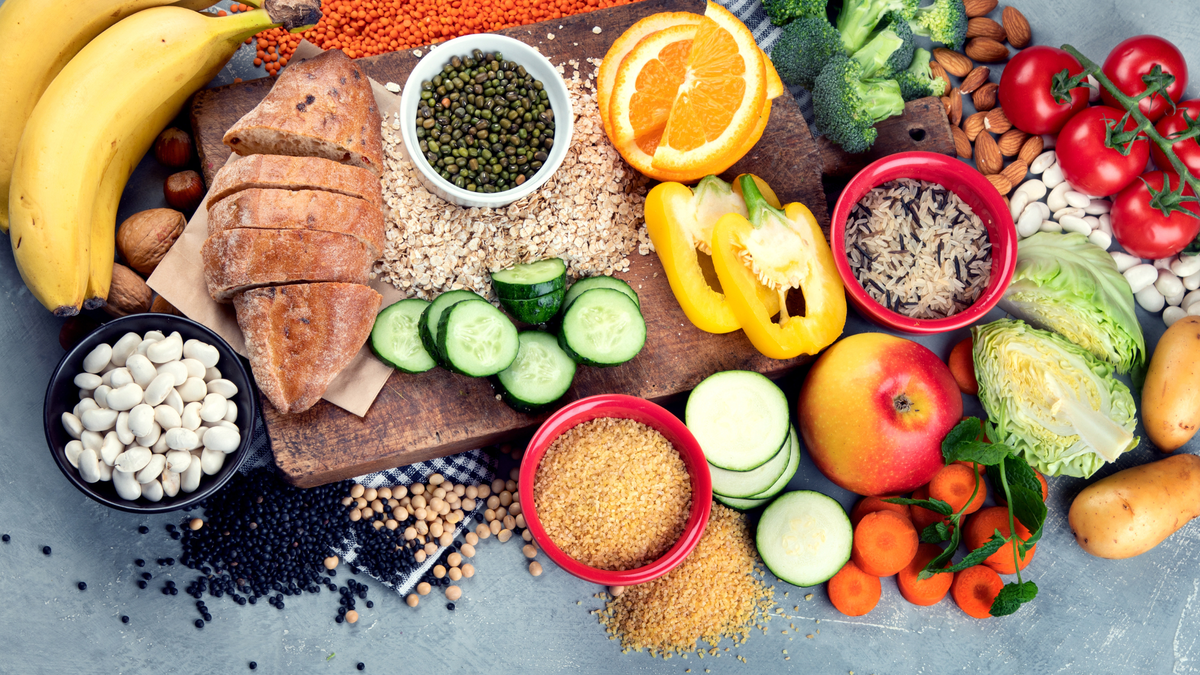 Healthy foods including carbs, proteins, fruit and veg