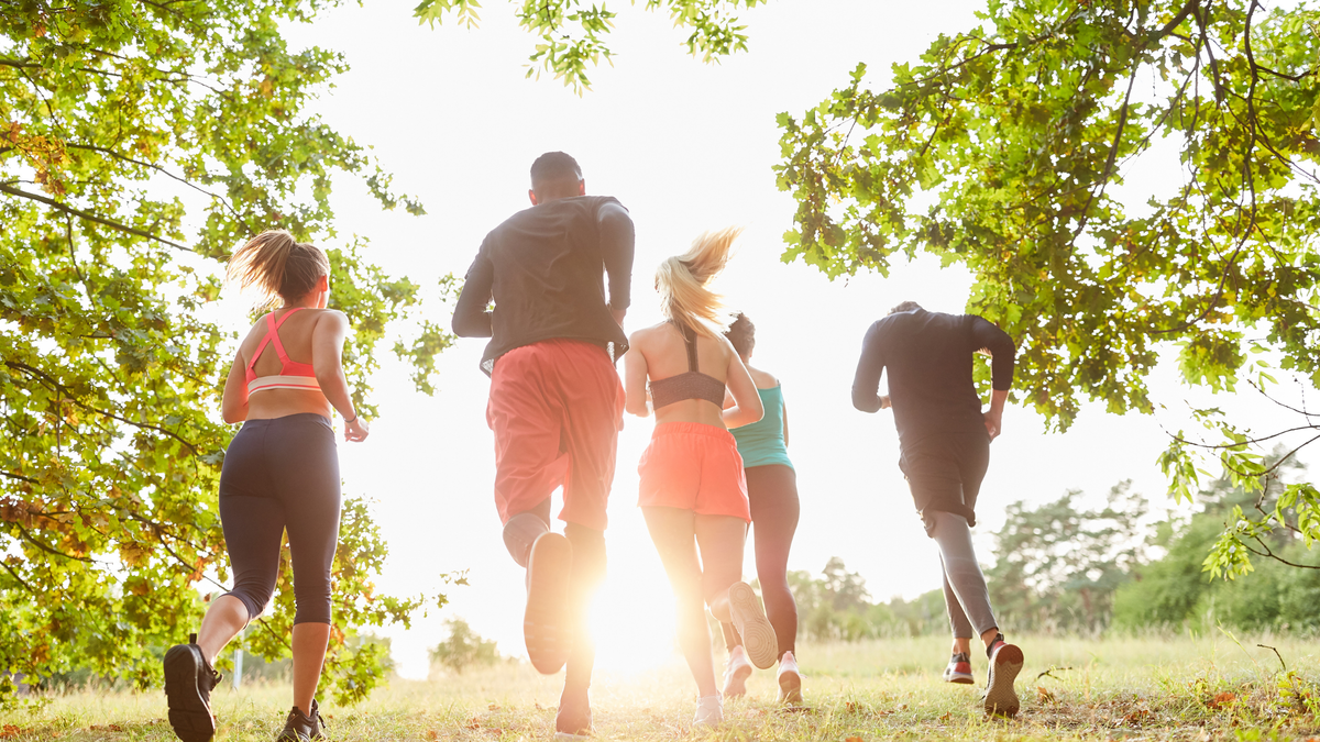 Group of friends jog in the park at sunset