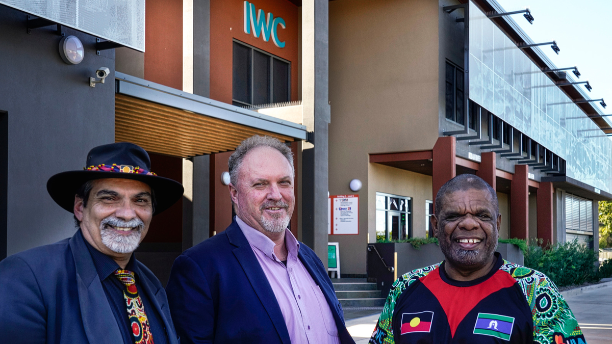 Stirling Eggmolesse, Wayne Mulvany and Ara Harathunian stand outside IWC Building 2